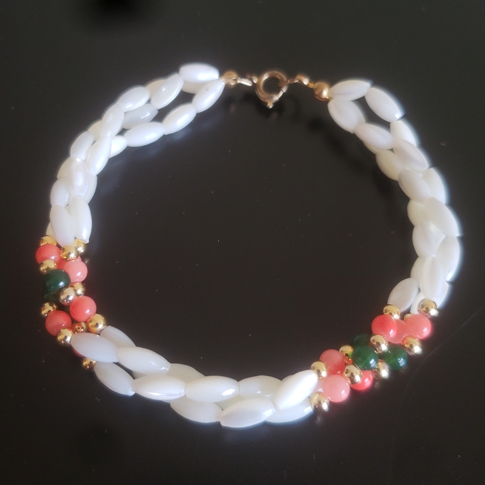Vintage Seed Pearl Coral Jade 3 Strand Bracelet 8.25" Gold Tone